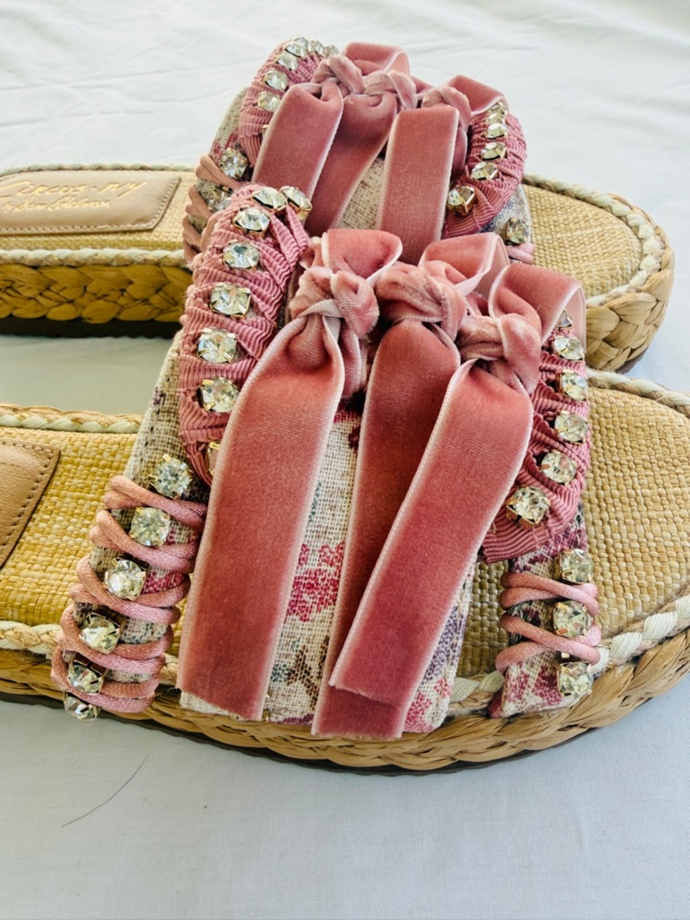 Sam Edelman Wyatt Sz 8 Pink Mixed media ribbon &  Rhinestone Sandals NEW - Picture 2 of 16